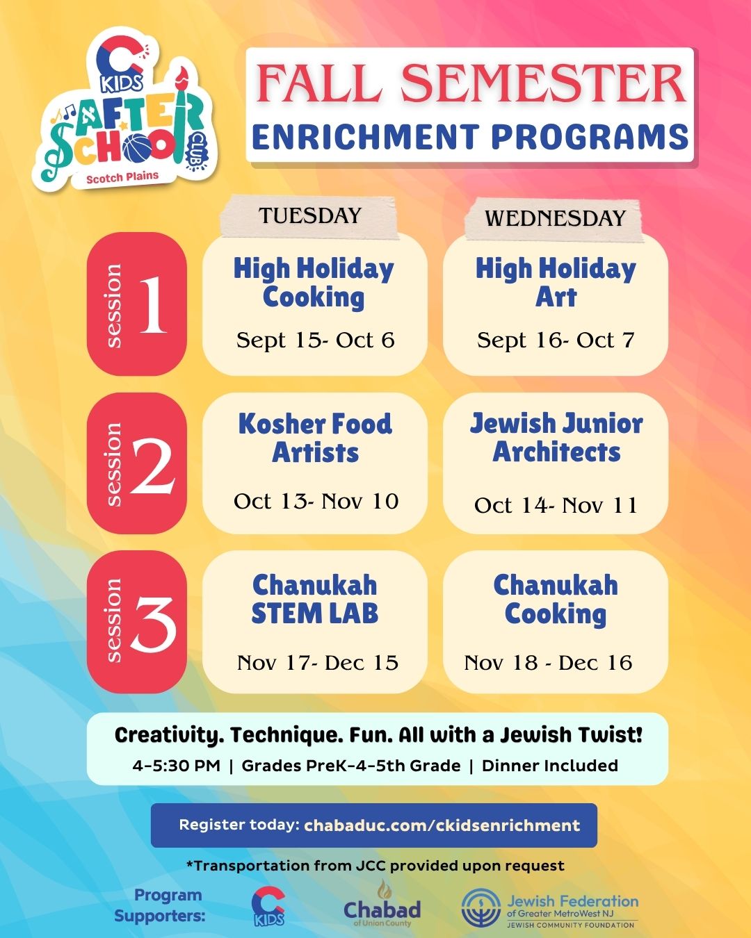 Ckids Jewish enrichment Fall semester schedule